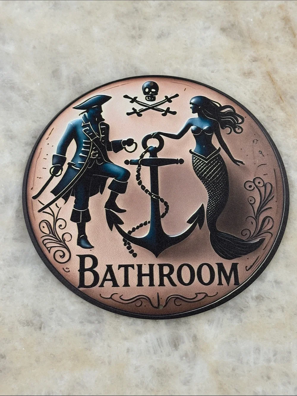 Bathroom Wall Plaque - Pirate & Mermaid Anchor Design in Copper and Black